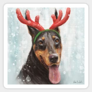 Painting of a Doberman with a Reindeer Headpiece Costume Sticker